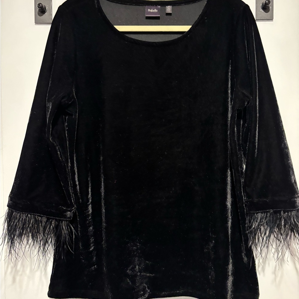 Rafaella Black Velvet Blouse with Feather Trim